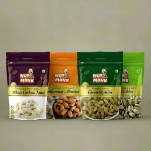 Nutmonk Premium Nuts & Dry Fruit Combo Packets (Californian Almonds 250g Raisins 250g Irani Pista 200g & Whole Cashew 200g) 900g